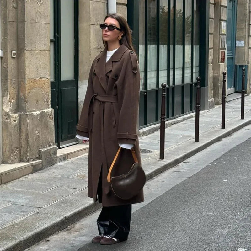 Belted Woolen Overcoat - Women's Double-Breasted Long Trench Coat