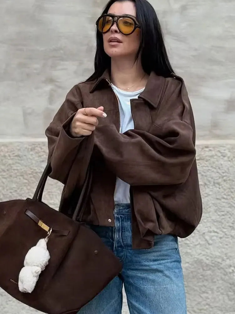 Suede-Texture Bat Sleeve Coat - Women's Loose Fit Lapel Jacket