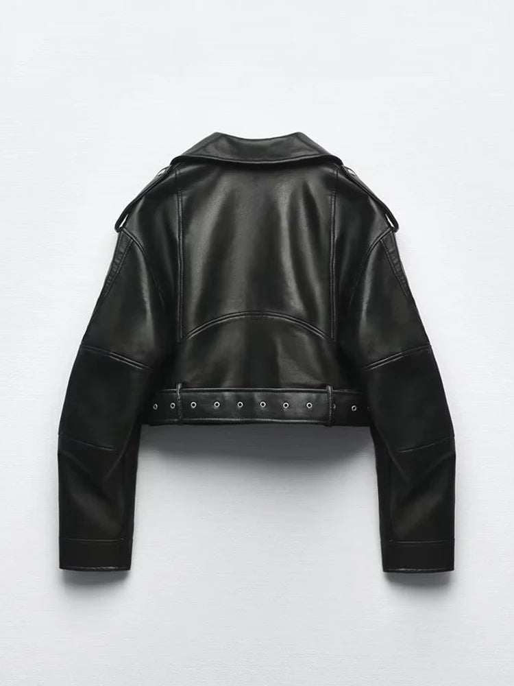 Faux Leather Biker Jacket with Belt - Women's Short Moto Coat
