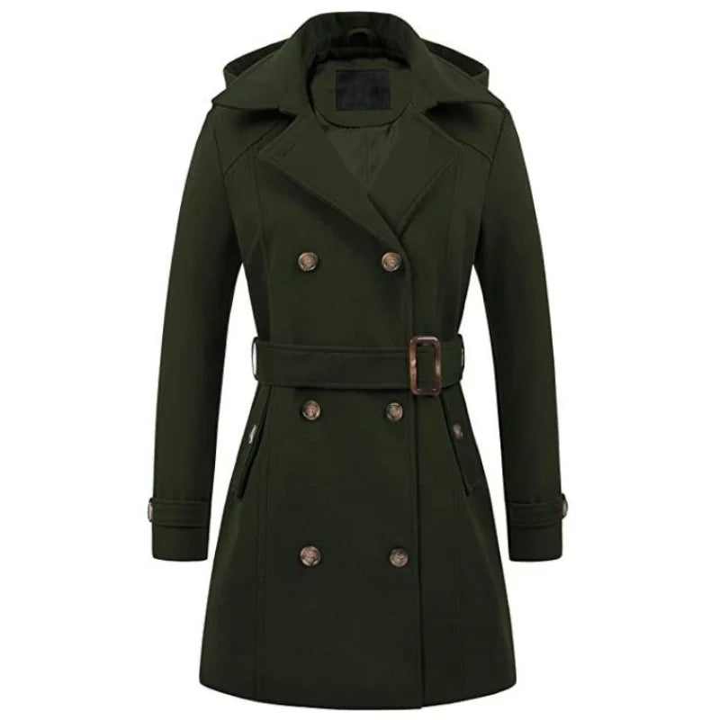 Hooded Woolen Overcoat - Women's Mid-Length Double-Breasted Winter Jacket