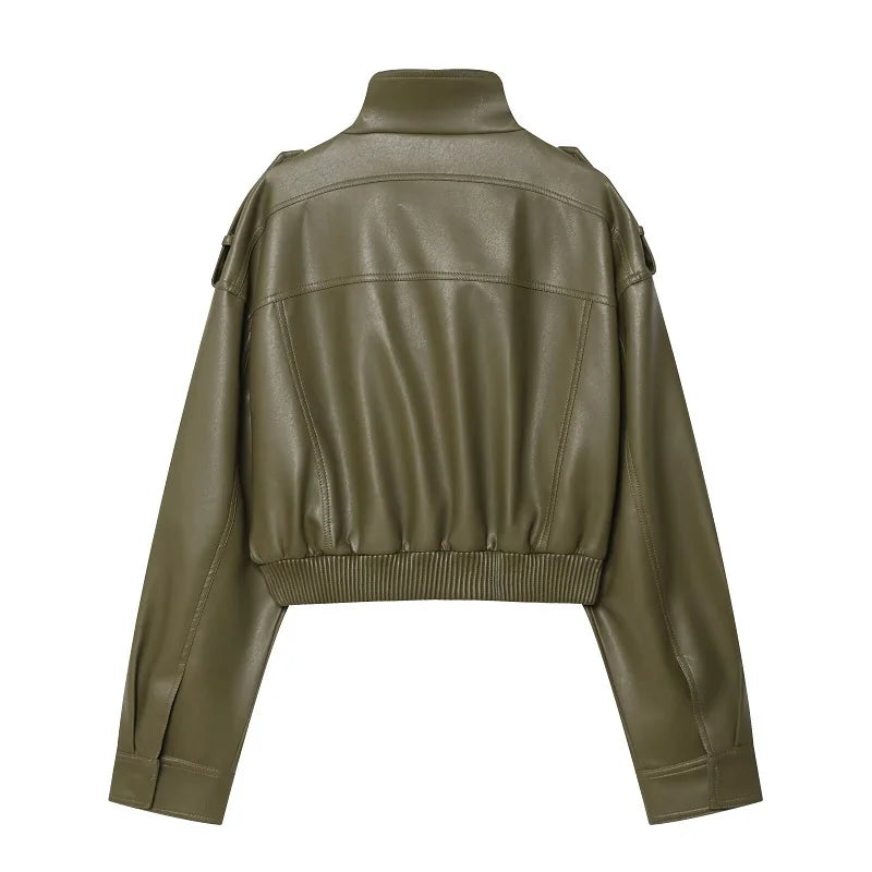 Faux Leather Cropped Bomber Jacket - Women's Zip-Up Overcoat