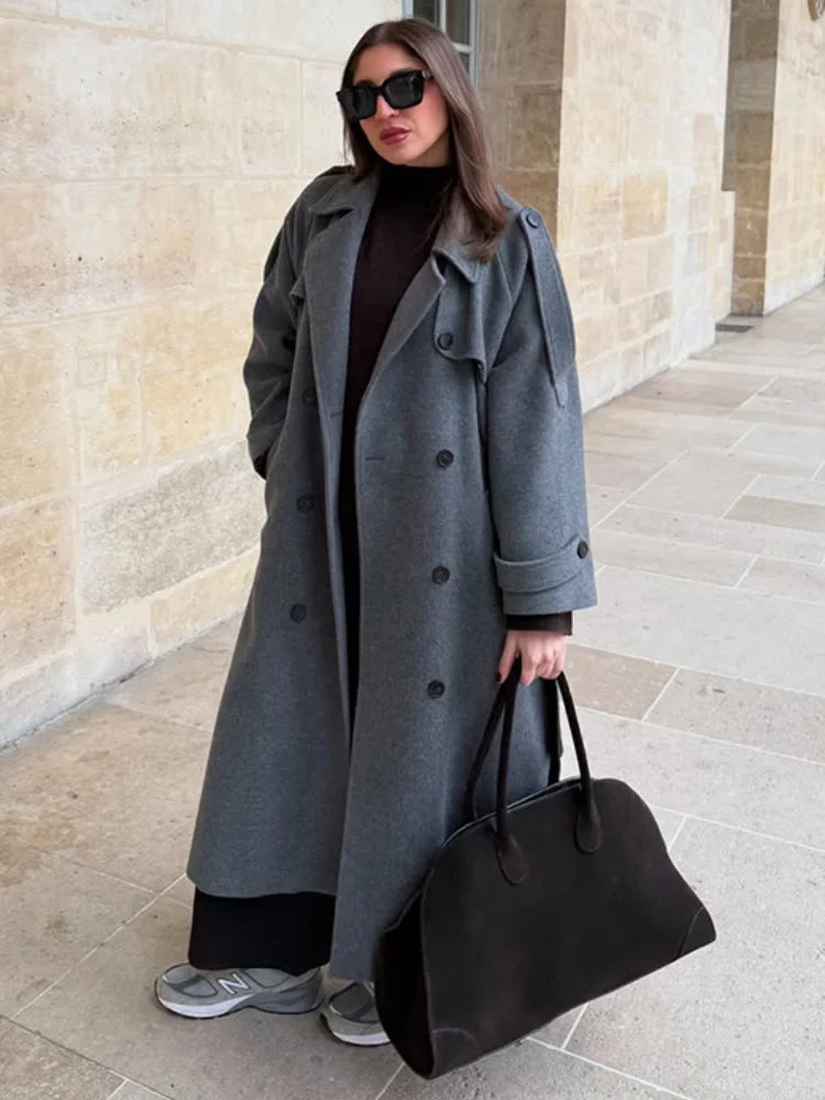 Belted Woolen Overcoat - Women's Double-Breasted Long Trench Coat