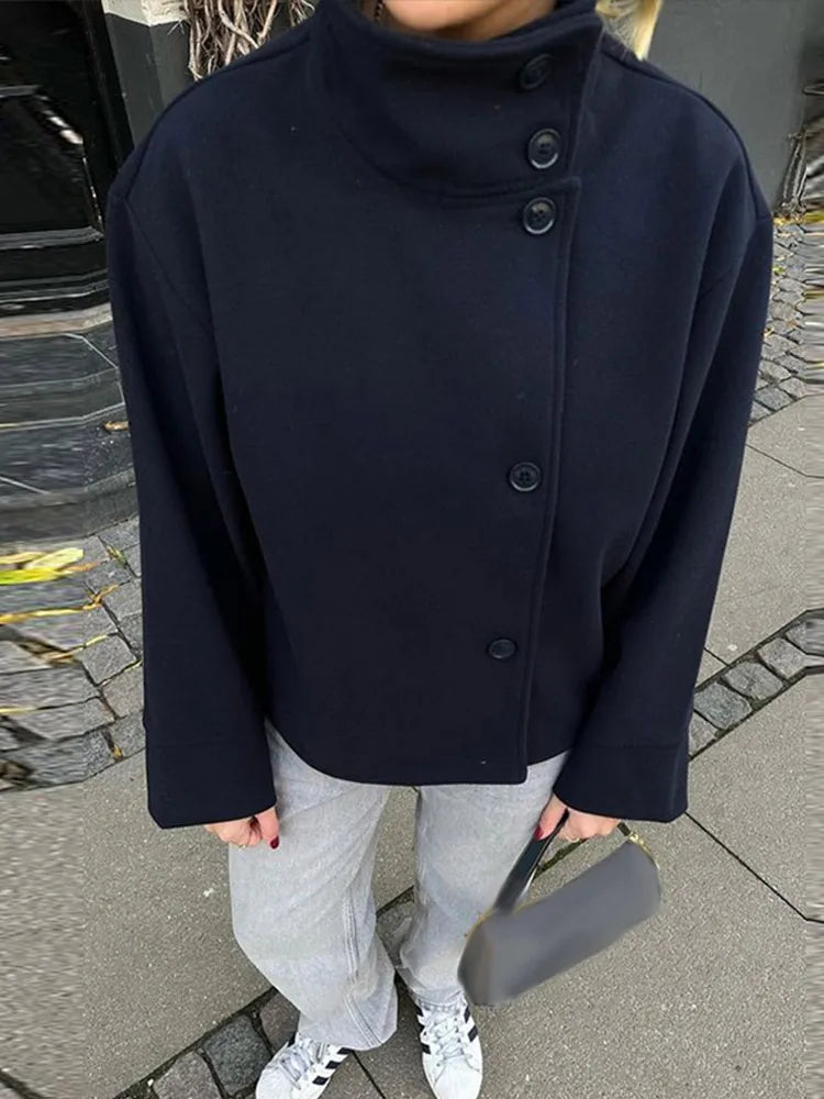 Stand Collar Woolen Coat - Women's Single-Breasted Loose Fit Short Coat