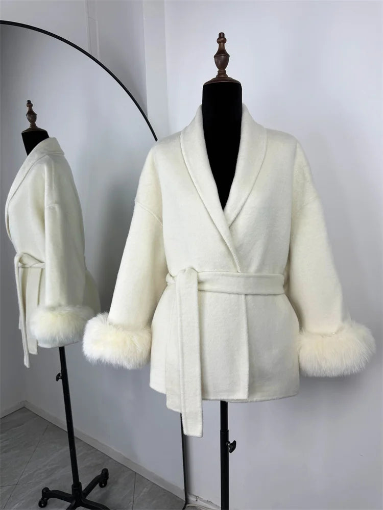 Fox Fur Trim Wool Overcoat - Women's Elegant Double-Sided Coat