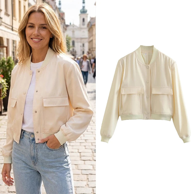 V-Neck Bomber Jacket with Pockets - Women's Single-Breasted Coat