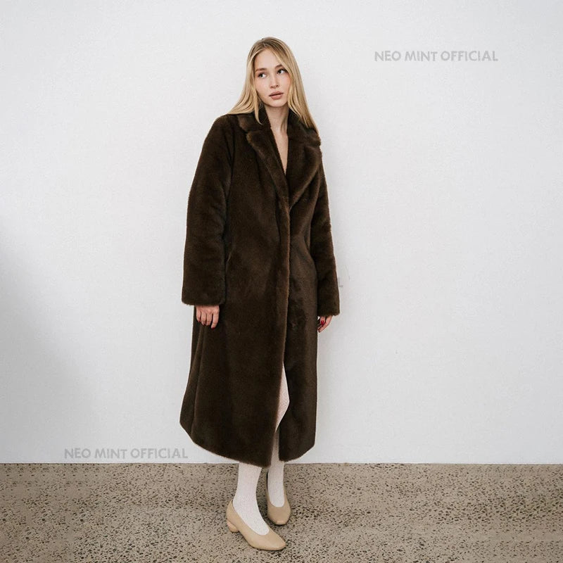 Luxury Faux Mink Fur Coat - Women's Long Warm Winter Overcoat