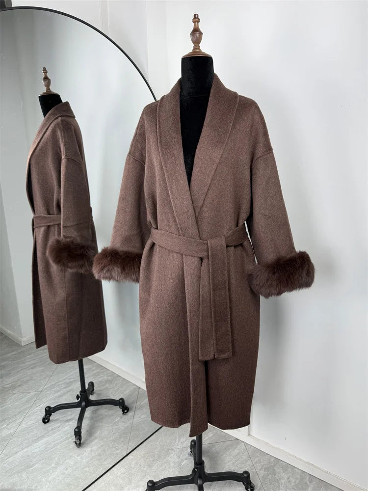 Fox Fur Trim Wool Overcoat - Women's Elegant Double-Sided Coat