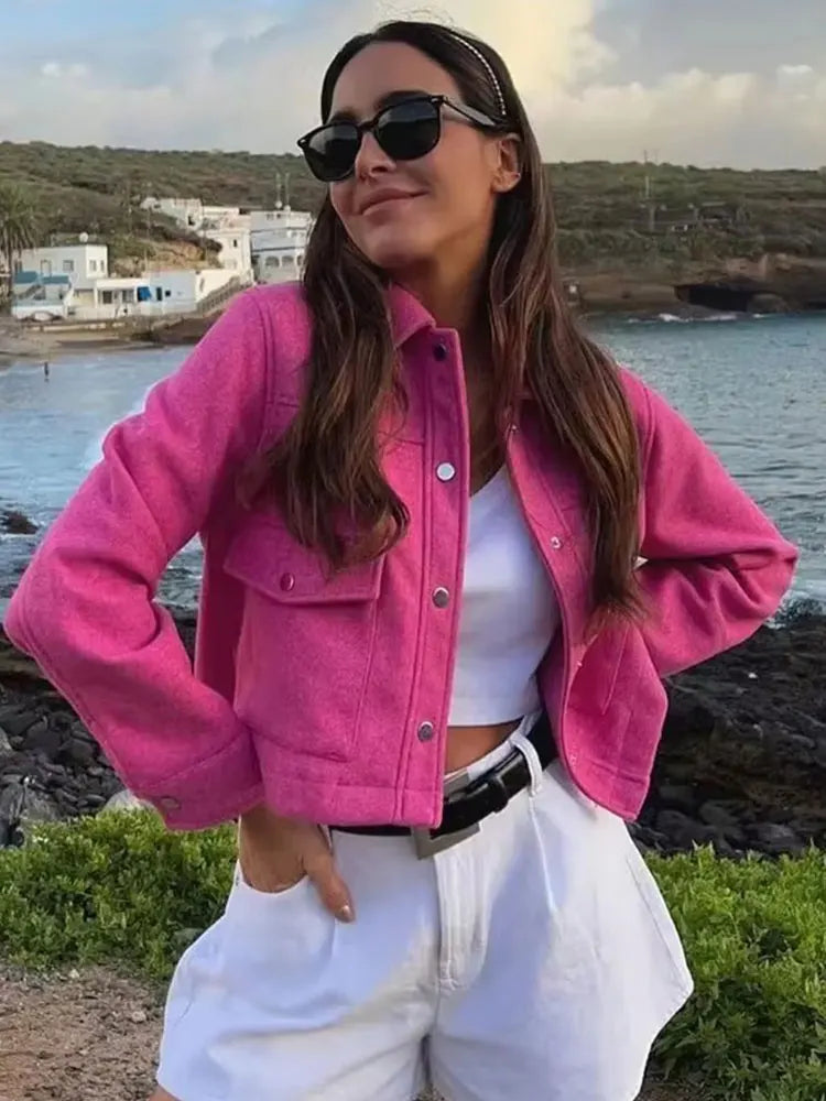Front Pocket Button Jacket - Women's Elegant Casual Outerwear