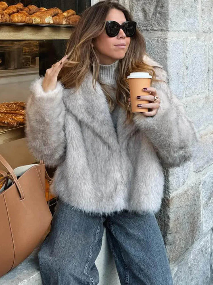 Cropped Faux Fur Jacket - Women's Thick Lapel Collar Coat