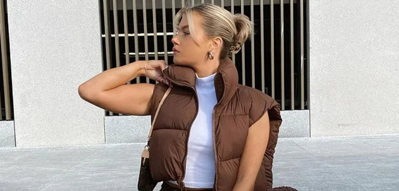 Quilted Down Vest with Stand Collar - Women's Cropped Winter Outerwear