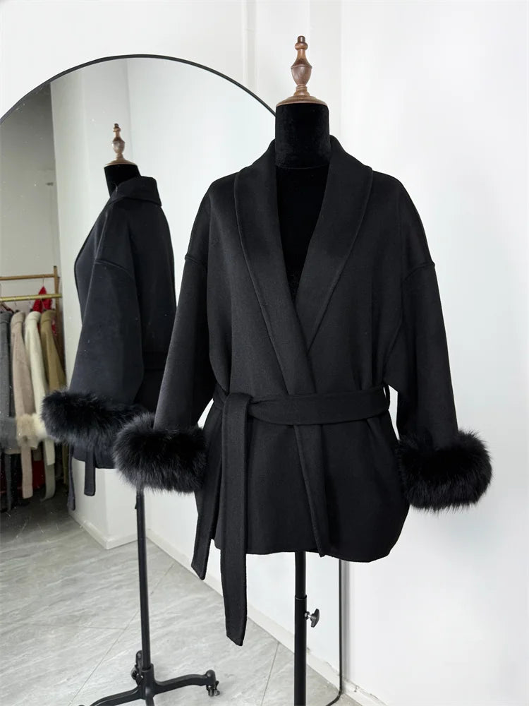 Fox Fur Trim Wool Overcoat - Women's Elegant Double-Sided Coat
