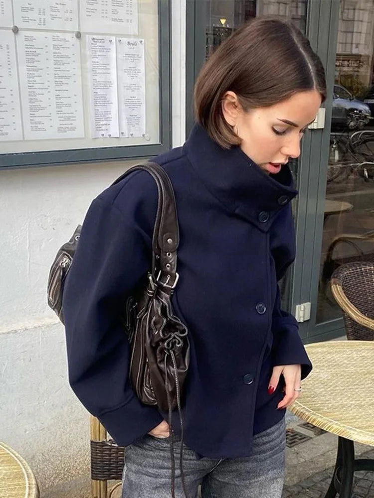 Stand Collar Woolen Coat - Women's Single-Breasted Loose Fit Short Coat