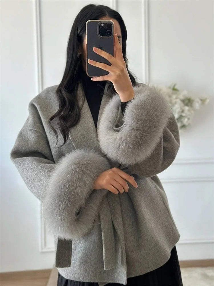Fox Fur Trim Wool Overcoat - Women's Elegant Double-Sided Coat