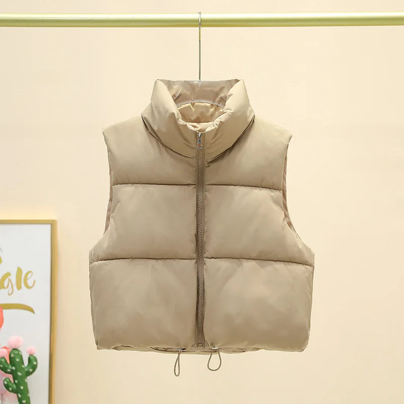 Quilted Down Vest with Stand Collar - Women's Cropped Winter Outerwear
