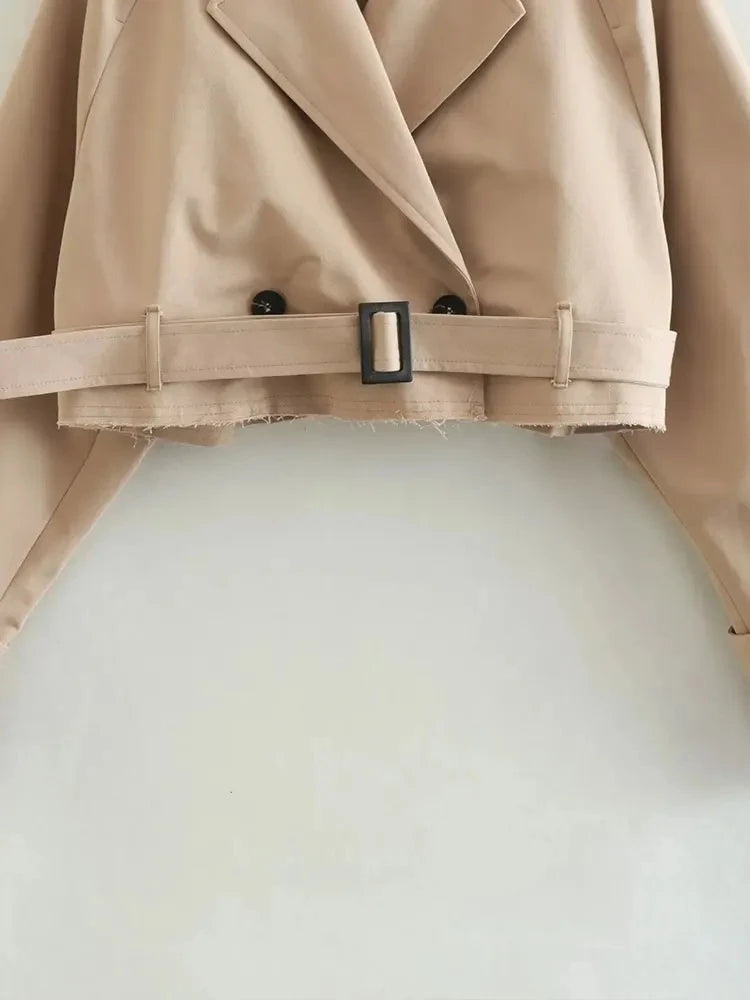 Belted Cropped Trench Jacket - Women's Vintage Double-Breasted Coat