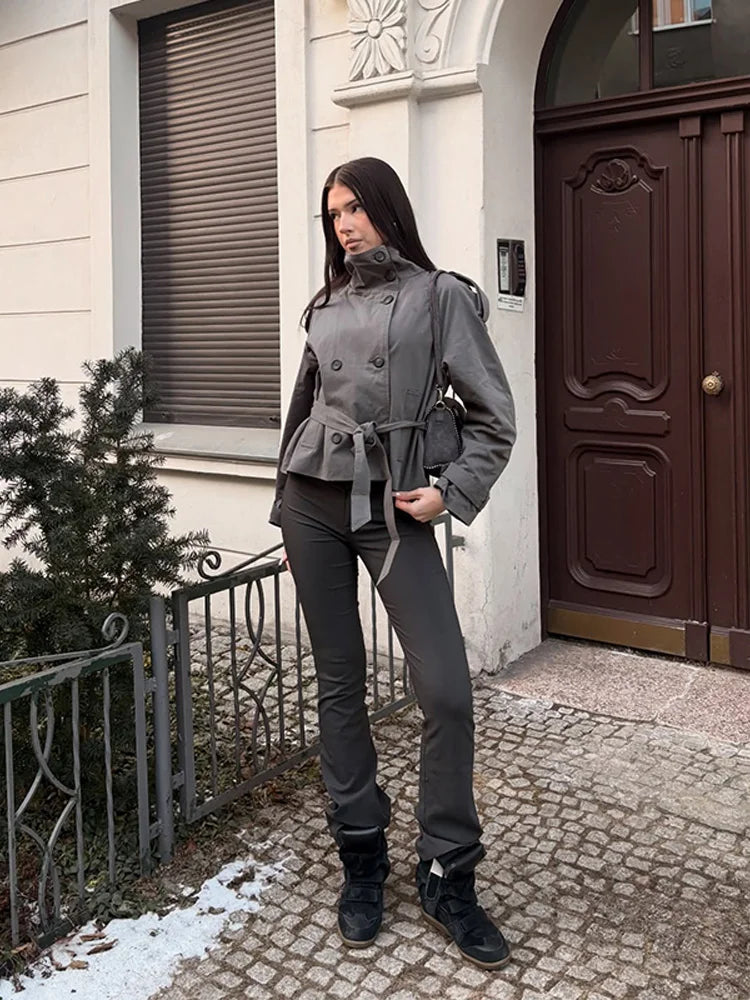 Lace-Up Trench Coat - Women's Double-Breasted Stand Collar Outerwear