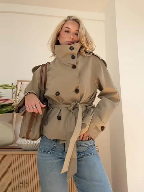 Belted Cropped Trench Jacket - Women's Double-Breasted Stand Collar Coat