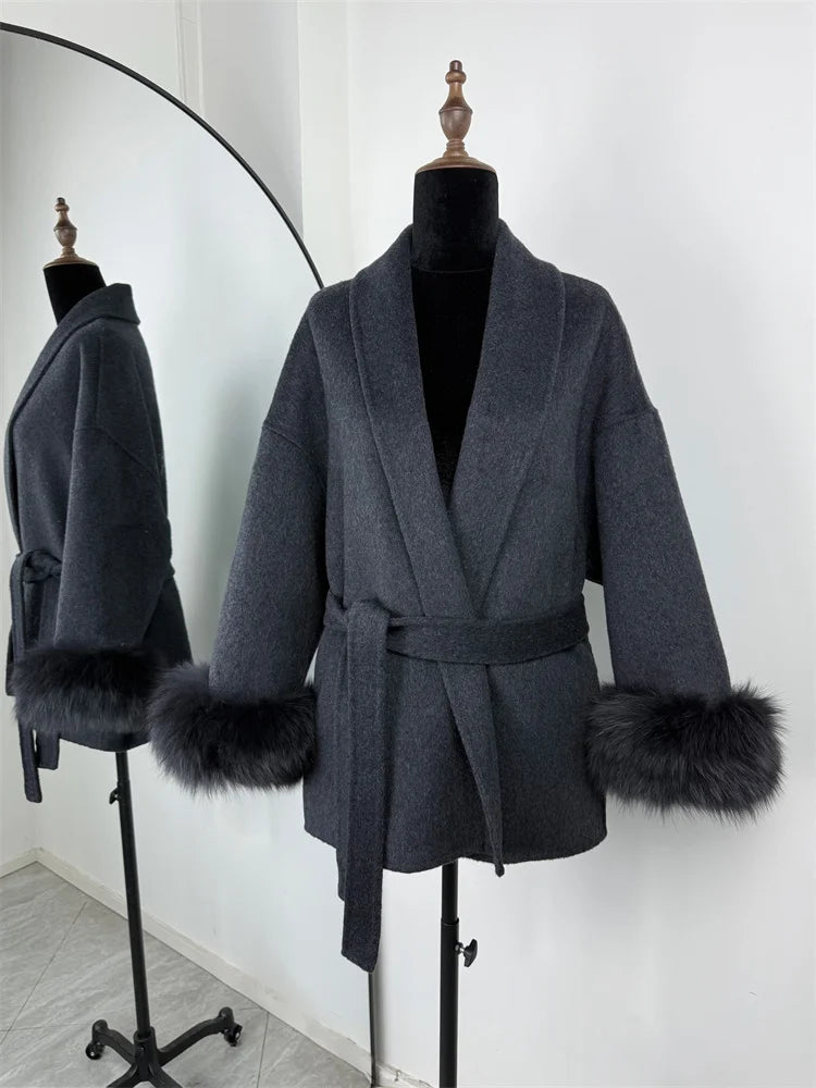 Fox Fur Trim Wool Overcoat - Women's Elegant Double-Sided Coat