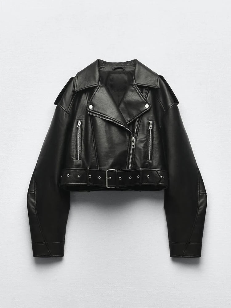 Faux Leather Biker Jacket with Belt - Women's Short Moto Coat