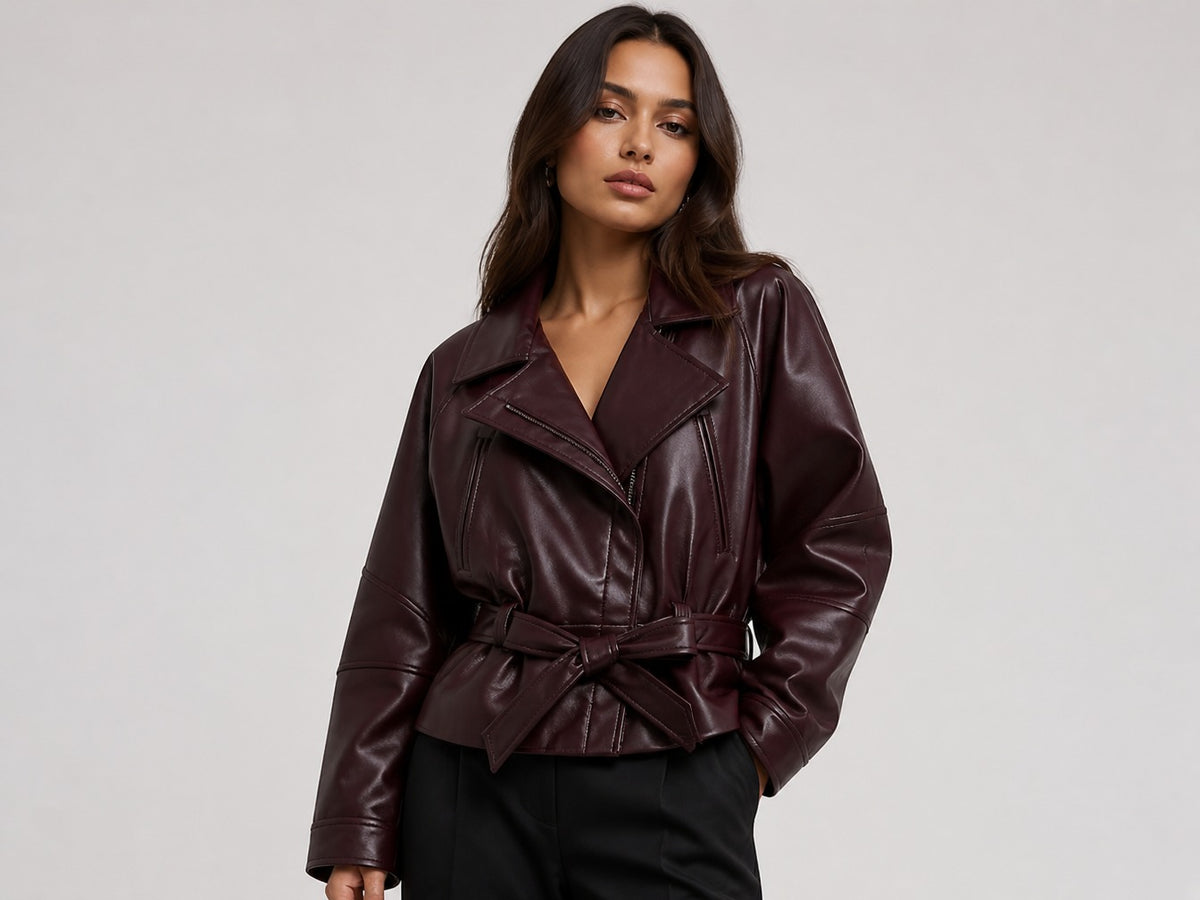 Rubee Women's Trench Coat Belted Faux-Leather