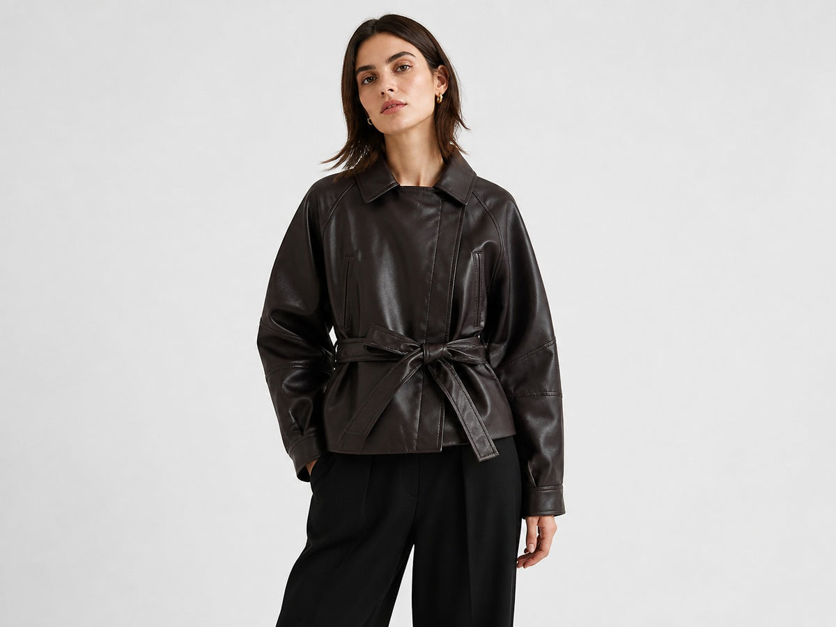Rubee Women's Trench Coat Belted Faux-Leather